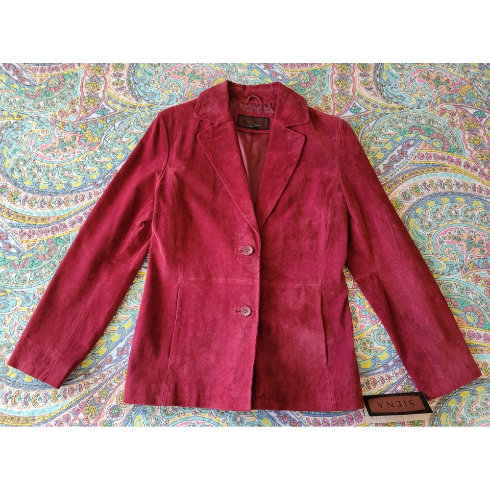 Siena Womens Classic Suede Leather Blazer Jacket 10 Cranberry 2 Button New Y2K